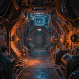 sci - fi mothership interior or exteror - machinery, tubes wires path intricate matte painting masterpiece orange blue warm tones quiet
