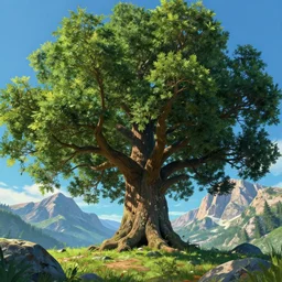 one giant oak tree in the rocky mountains, Low level, rendered by Beeple, Makoto Shinkai, syd meade, simon stålenhag, environment concept, synthwave style, digital art, unreal engine, WLOP, trending on artstation, 4K UHD image, octane render,