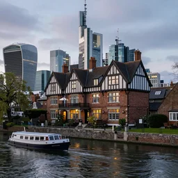 realistic photo of a tudor style detached house, skyscrapers, a river flowing through the scene, houseboat in the foreground, dusk