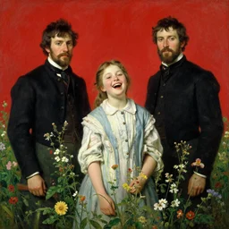Solomon Joseph Solomon and Richard Schmid and Jeremy Lipking victorian genre painting portrait painting of a laughing young village girl in an open field of flowers, red background