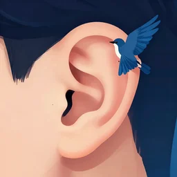 illustration of a bird flying in an ear canal, palette of primaries, flat linework, grainy filter, stippling, 7 0 s album covers