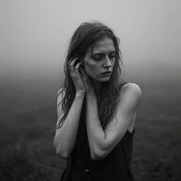 award winning photo of some lustful melancholy as lars von trier would depict it, she is 2 3, skinny and beautiful and listens to oathbreaker, she resembles the protagonist of the movie thelma, 2 0 1 7, she is full of hatred, photo, black and white, the background is unsafe, insanely detailed, foggy like in norwegian black metal aesthetic