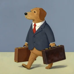dog wearing a suit and holding a brief case on his way to work by edward hopper