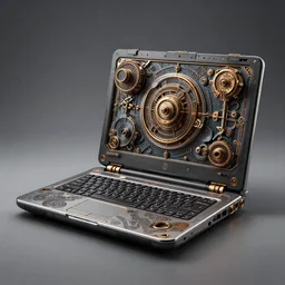a steampunk! laptop, extremely detailed, highly intricate, product photography, studio lighting