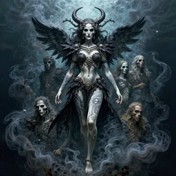 goddess of death with full body tattoos and black feather armor, by petros afshar, ross tran, peter mohrbacher, tom whalen, underwater psychedelic smoke, highly detailed, intricate, elaborate, illustration, sharp focus, featured on artstation