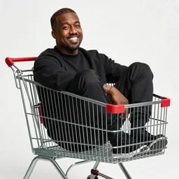 kanye west sitting in a shopping cart grinning