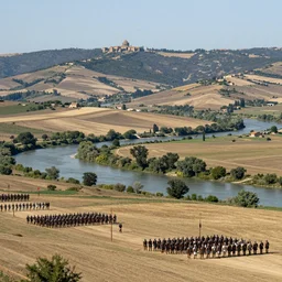 Landscape photography, wide shot of epic Italian landscape near river Aufidus, distant battle of Cannae 216 BCE, with republic-era Roman soldiers in formations, Carthaginian phalanxes in formations