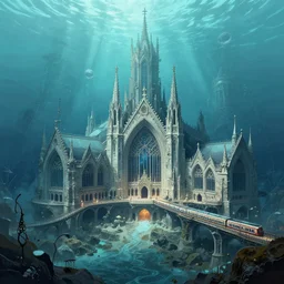 neo - gothic train station of massive proportions in an underwater city, illustration by yoann lossel