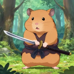 japanese hamster samurai. with katana. anime art. deep fried sacura forest