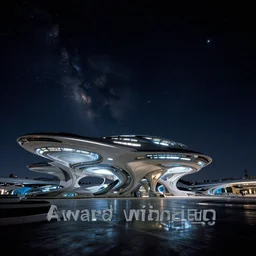 : architectural photography. composition : long shot ; knee level ; low angle. key words : award winning ; detailed ; sci - fi. scenery : outer heaven ; circa 1 9 9 5. details : at night.