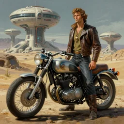 moebius and ralph mcquarrie style, vintage classic motorcycle, retro futuristic sci - fi painting illustration, blade runner 2 0 4 9