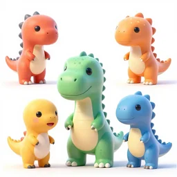 concept sheet of cute colorful 3 d family dino characters for kids assisting a concept machine. cute bipedal dinosaurs, big head and eyes, primitive shapes and forms, reflective like candy, concept art, 8 k, artstation