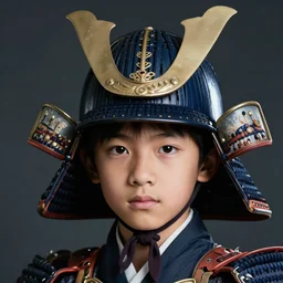 medium close up shot of an asian school boy wearing a samurai headgear, dark studio background, softlight, photorealistic, art by artgerm and greg rutkowski