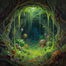 fantasy oil painting, hidden underground place with microscopic magic world, exotic vegetation, green slime oozing down, art by brothers hildebrandt, book cover illustration, sharp focus, extremely detailed