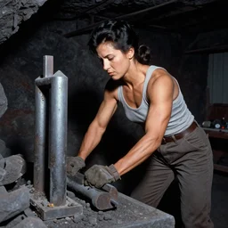 90's professional color photograph, A muscular woman who labors in the mines.