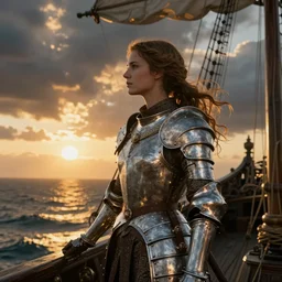 portrait of a ship on the sea, medieval woman ship pilot from behind on the ship, dramatic golden neon sunset with storm clouds, wearing shiny breastplate, octane render, dynamic lighting, hyperrealistic, artstation