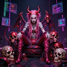 a highly detailed symmetric wide shot of Grimes as the devil, sitting in a large glitter simulation with skulls and neon computer code, trending on artstationHD