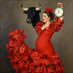 highly detailed painting of pregnant flamenco dancer with a black bull head wearing a red dress made of flowers, holding a clock in her left hand, by tamara de lempicka