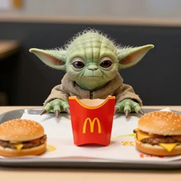 yoda, upset, yoda sitting behind a table inside mcdonald's, small red cardboard box on table, yellow m logo on box, deflated hamburger on tray, 3 5 mm, f / 2. 8