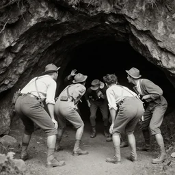 explorers looking fearful as something emerges from a dark cave, 1 9 0 0 s photograph