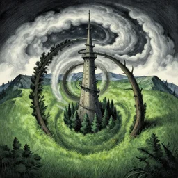 a tower, trees, nightly, spiral, naive nerikomi, weird perspective, extra narrow, detailed illustration by moebius and james jean, scenic spiral environment by rhads, trending artstation, fisheye, grass field mountainous terrain, spiral clouds