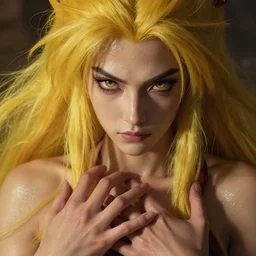 epic masterpiece [rincess mononoke, drama, sweaty skin, hyperrealistic, octane render, cinematic, beautiful face and flawless skin, perfect hands, 5 fingers,  yellow by Edgar Maxence and Ross Tran and Michael Whelan and Lorenzo Sperlonga, Brom, Legends of Runeterra