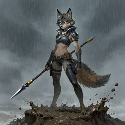 an anthro maned wolf girl standing in the muddy rain, standing on an outcropping with a spear in her hands. league of legends splash art by yoji shinkawa and kev walker