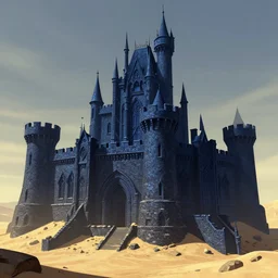 A digital concept art painting of a dark blue medieval fantasy european ghotic castle with black brick in desert, 4K UHD image, unreal engine, Graphic Novel, Visual Novel