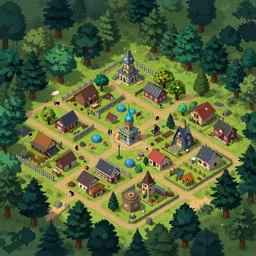 an isometric rpg town surrouned by forest by Stanley Artgerm Lau, game pack, assets, WLOP, Rossdraws, James Jean, Andrei Riabovitchev, Marc Simonetti, and Sakimichan, trending on artstation , assets, HD , strong contrast