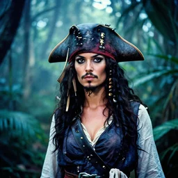 film still, extreme far view, stunning pirate woman, jungle, associated press,, 2 6 mm, kodak ektachrome, blue tint expired film,
