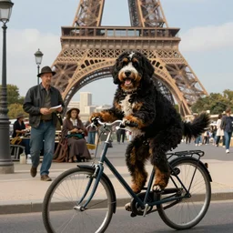 young bernedoodle as on a bike in paris. art by greg rutkowski, gustave courbet, rosa bonheur, edward hopper. faithfully depicted, sharp focus, global illumination, radiant light, detailed and intricate environment, trending on artstation