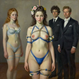 pop surrealism, lowbrow art, realistic cute girl painting, blue body harness, japanese shibari with flowers, hyper realism, muted colours, rococo, natalie shau, loreta lux, tom bagshaw, trevor brown style,