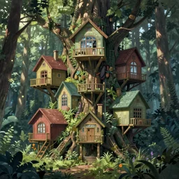 concept art painting of houses made out of trees, in a deep forest, realistic, detailed, cel shaded, in the style of makoto shinkai and greg rutkowski and james gurney