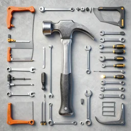overhead view of lots of stanley tools, saws, knives, spanners, screwdrivers, wrenches, hammers, all arranged to form an outline of a large hammer, digital illustration