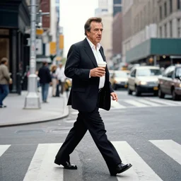 kevin bacon walks across a street in new york city, holding cup of coffee, 3 5 mm photography