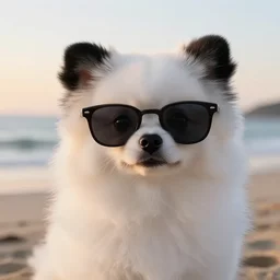 a closeup photorealistic photograph of a stylish panda themed Pomeranian puppy wearing sunglasses at the beach during sunset This 4K HD image is Trending on Artstation, featured on Behance, well-rendered, extra crisp, features intricate detail and the style of Unreal Engine.