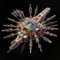 sidescrolling shooter robotech macross spaceship with lots of tiny guns, outer space, hyperrealism, fine detail, 8 k, 3 d render by mandy jurgens, artgerm, and lu ji, centered, artsation contest winner, cgsociety, fantasy art, cryengine, concept art, photorealism, daz 3 d, sketchfab, zbrush, vray, stylistic, brush strokes, oil, canvas, gaudy colors on black background by robert mccall and michael whelan