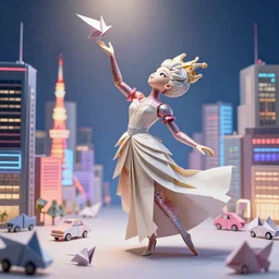 beautiful anthropomorphic squid queen woman made of out glitter pulp flesh and ceramic wearing a flowing paper couture dress and reaching for the sky, paper origami, downtown tokyo made out of origami paper and neon lights, many origami cars, city background, heavenly light, 3 d, very detailed, octane render, trending artstation, artgem