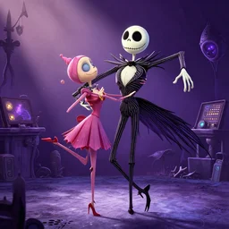 “ a nightmare before christmas, jack skellington dances with sally, future world, art style by philippe caza, award winning concept art, highly detailed rendering. ”