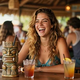 surfer girl in a tiki bar, warm highlights, summer vibes, fun, laughter, good times, in the style of sam yang