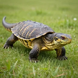 A huge monitor like monster Lizard, 20 feet long, with a armored head like a turtle shell, Red eyes, sharp claws, and yellow and black stripes, walks they the high grasses, photorealistic, photographed in the style of National Geographic + Bokeh + DOF + 8k,