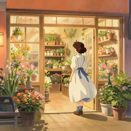 a girl in victorian dress looking around interior of a cute flower shop, wide angle, light orange color scheme, natural lighting, intricate details, cozy atmosphere, matte painting, illustration, hayao miyazaki