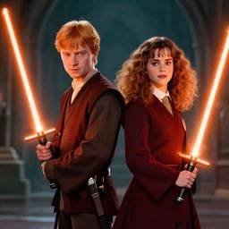 still of a movie about the Jedi Knights Ron Weasley and Hermione Granger, they're holding orange light sabers, digital art, trending on art station