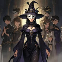 a full body portrait of a female witch with a mask, elegant, fancy dess, ornaments, highly detailed, beautiful, cinematic lighting, 2 d animate style, mesmerizing, 8 k hd, artstation, by hideyuki morioka, ito ogure, vofan, greg rutkowski, victo ngai, artgerm