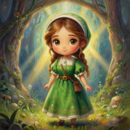 a portrait of girl farmer in green dress, god rays, magic portal background,, fantasy, dungeons and dragons, an ultrafine detailed painting, chibi, detailed painting, boris valejo. octopath traveler decal!!!
