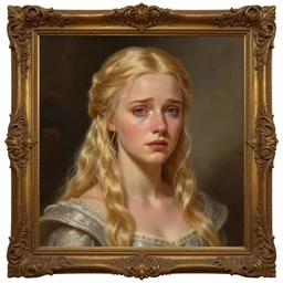 painted portrait of eowyn, blonde hair, sorrow on her face, charming, young, elegant, upper body, fantasy, intricate, highly detailed, decorated frame, digital painting, artstation, concept art, smooth, sharp focus, illustration, art by ismail inceoglu, filip hodas, and pixar.