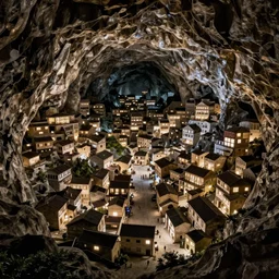 a huge cave with a town in it, the town is carved into the stone, every building in the town has lights on, the mood is friendly and welcoming, digital art, award winning on Artstation, hyper detailed, high contrast