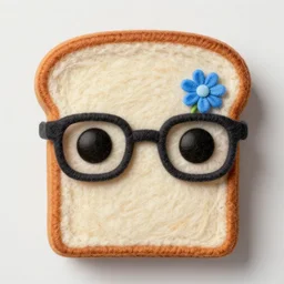 funko pop of a bread toast wearing eyeglasses and a blue flower, needle felting art