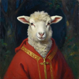 portrait of a lamb wearing cult robes, oil painting on canvas, style of john bauer, style of yoshitaka amano, deep colors and dark shadows, night forest background, ambient glow