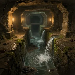 flowing water inside the ancient flooded stone sewers. fantasy art, underground, wet, standing water, canal, muck, mud, stagnant water, stream, channel, musty, moss, sewage, darkness, underground, catacombs, abandoned spaces, torchlight. digital illustration from the earthdawn campaign setting. mayan ruins. myth drannor. parlainth.